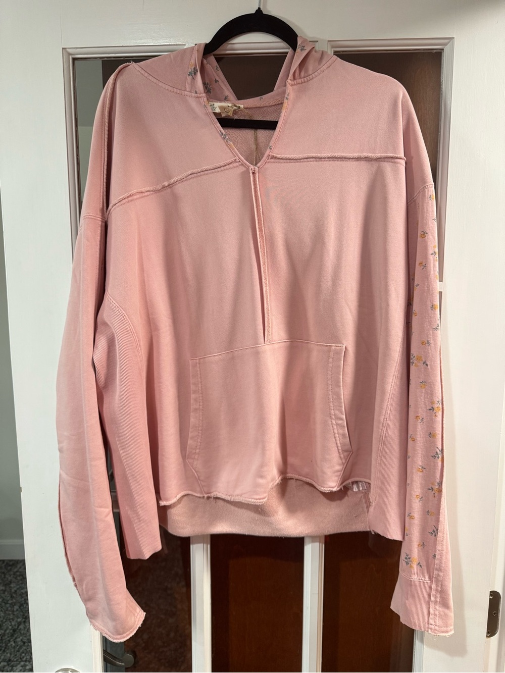 NWT Easel Pink Hooded Pullover Sweatshirt with floral sleeves